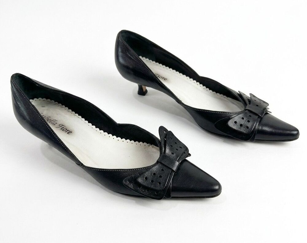 Isabella Fiore Candice Womens 7.5 B Black Kidskin Leather Bow Kitten Heel Pumps